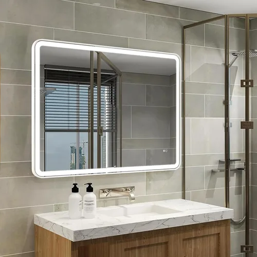Vista 11 de WELLFOR Espejo LED enmarcado de 48 pulgadas de ancho x 36 pulgadas de largo, espejo rectangular de esquina redondeada de metal con luces para baño