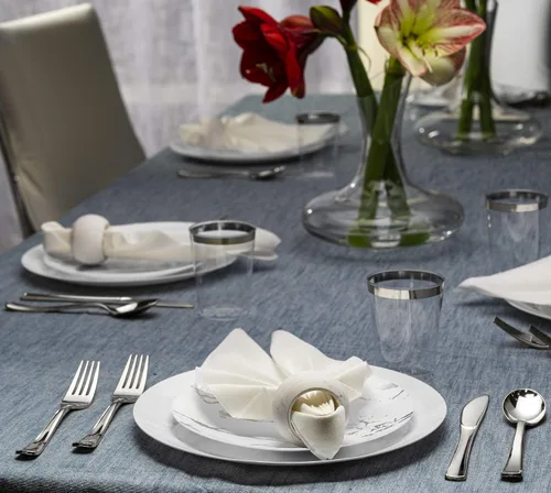 Vista 5 de Plasticpro Tenedores desechables de plástico plateado resistente, cubiertos de plástico elegante que parecen cubiertos de plata real, utensilios