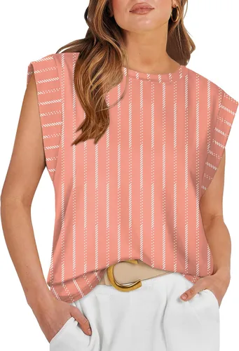 Vista 33 de WIHOLL Camisetas de mangas casquillo para mujer, camisetas básicas de verano, camisetas informales sin mangas, ajuste holgado, a la moda D - Raya