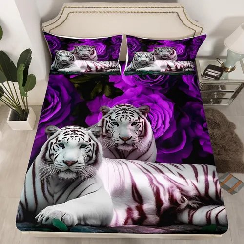 Vista 11 de Erosebridal Juego de sábanas bajeras de rosas rojas y leopardo, tamaño individual, diseño de animales africanos salvajes, diseño de plantas