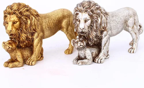 Vista 6 de Estatua decorativa de resina feng Shui León para madre e hijo de león, escultura de elefante, regalos para mujeres, dorado
