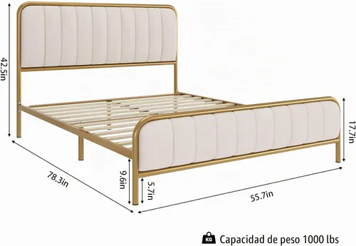 Vista 2 de HITHOS Base de cama tamaño completo con cabecera tapizada con botones, base de colchón de metal tapizado y de alta resistencia con listones