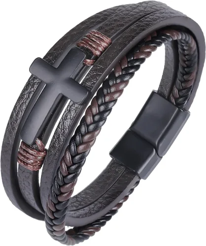 Vista 12 de Pulsera de cuero para hombre con cruz trenzada de varias capas con cierre de acero inoxidable, regalos religiosos cristianos para él