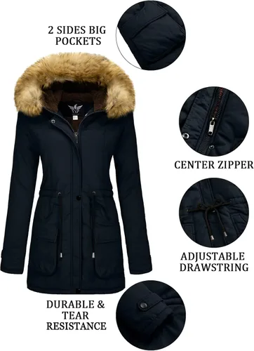 Vista 6 de YXP - Chaqueta de invierno tipo parka militar con capucha de piel, de algodón y cálido vellón para mujer