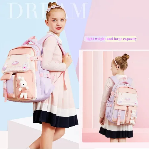 Vista 7 de Mochila Kawaii para niñas escolares mochila de conejito para niños, mochila casual linda para exteriores, A-rosa y púrpura, Mochila