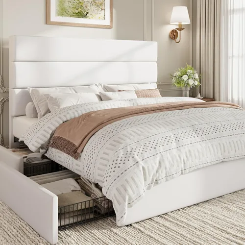 Vista 12 de SHA CERLIN Base de cama de plataforma de tamaño matrimonial con 4 cajones de almacenamiento, cabecera tapizada de terciopelo, base de colchón