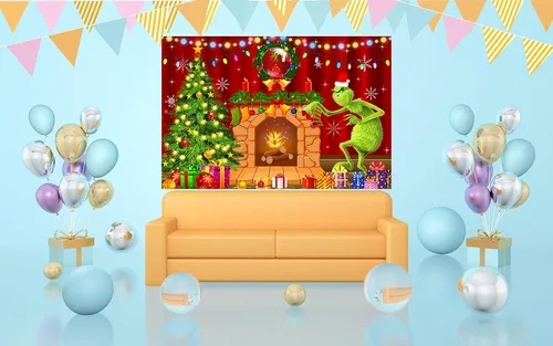 Vista 3 de Fondo de chimenea de dibujos animados para suministros de fiesta de Navidad, 5 x 3 pies, fondo de fotos de Navidad de Grinch, telón de fondo