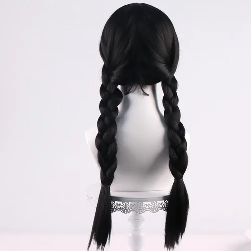 Vista 7 de COSPLAZA Wednesday - Pelucas largas de coletas trenzadas negras para mujer, peluca de disfraz de Halloween con flequillo plano
