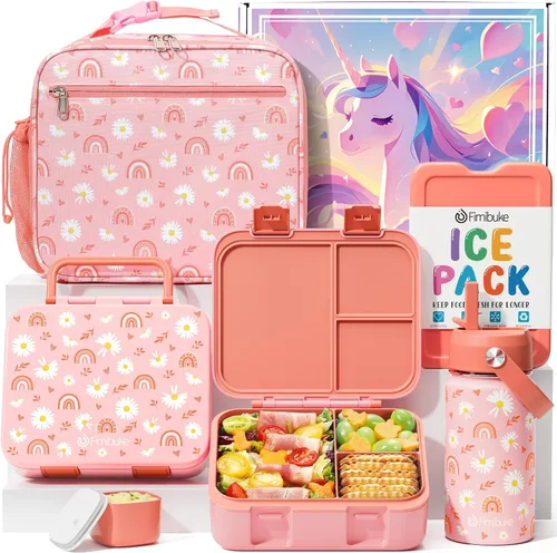 Vista 11 de Fimibuke Lonchera Bento para Niños - Contenedor de Snacks Bento para Niños Pequeños con 3 Compartimentos, Botella de Agua de Acero Inoxidable, Bolsa