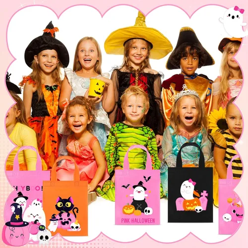 Vista 7 de Toulite 24 bolsas no tejidas de Halloween con asa a granel, bolsas reutilizables de regalo de vacaciones, fantasma, calabaza, araña, golosinas