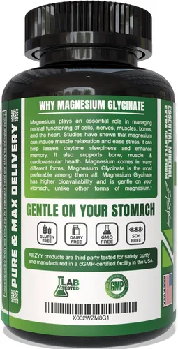 Vista 3 de ZYY Cápsulas de glicinato de magnesio puro de 1000 mg de máxima fuerza, quelado para alta absorción, suplemento de magnesio para sueño, músculo