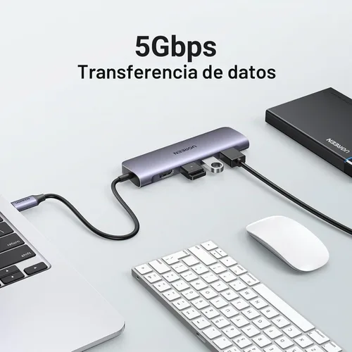 Vista 3 de UGREEN Revodok USB C Hub 6 en 1 USB C Dongle 4K HDMI 3 puertos USB 3.0, lector de tarjetas SD/TF compatible con MacBook Pro, MacBook Air, iPad