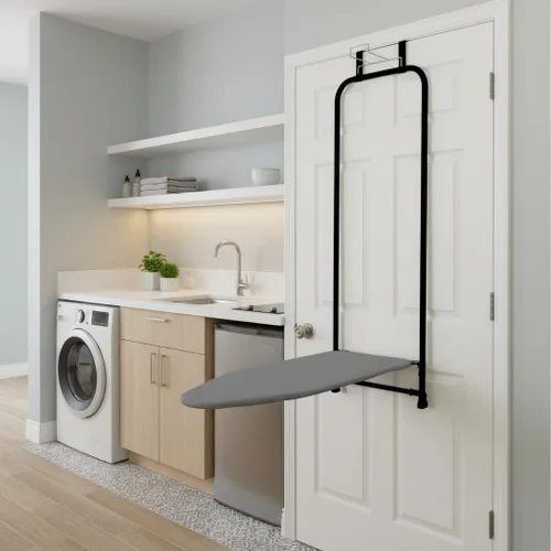 Vista 7 de Household Essentials Tabla de planchar sobre la puerta, cierre automático, delgada y compacta, perfecta para espacios pequeños, incluye cubierta