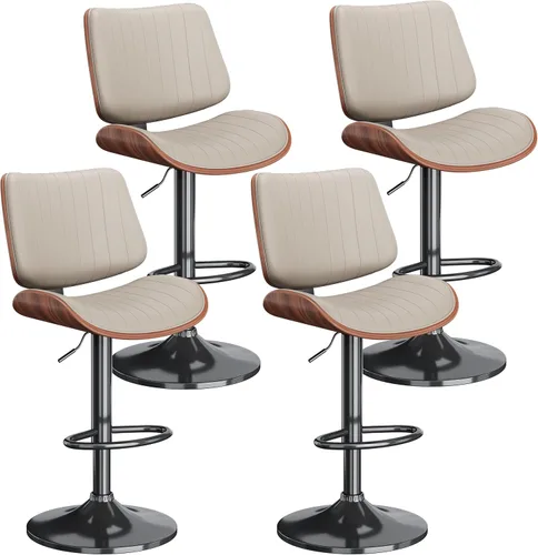 Vista 24 de Juego de 1 taburetes de bar giratorios de madera curvada ajustables para encimera de cocina, moderna silla de bar tapizada de piel sintética