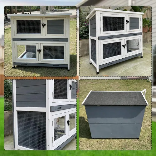 Vista 9 de Conejera de madera maciza de 2 pisos con 2 habitaciones principales grandes, para interiores y exteriores, jaula para conejillos de indias, casa Gris