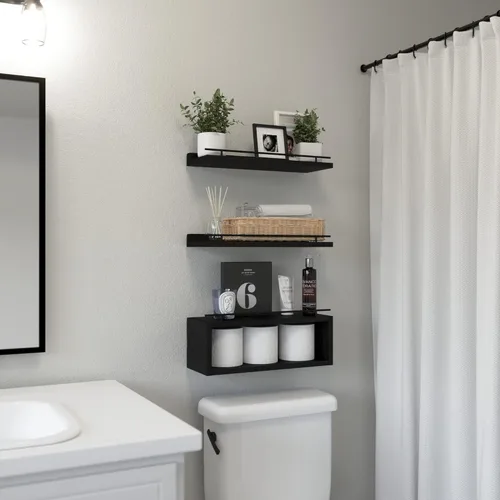Vista 2 de WOPITUES Estantes flotantes para pared con estante de cubo, estantes de pared con riel de metal para decoración de baño, organizadores