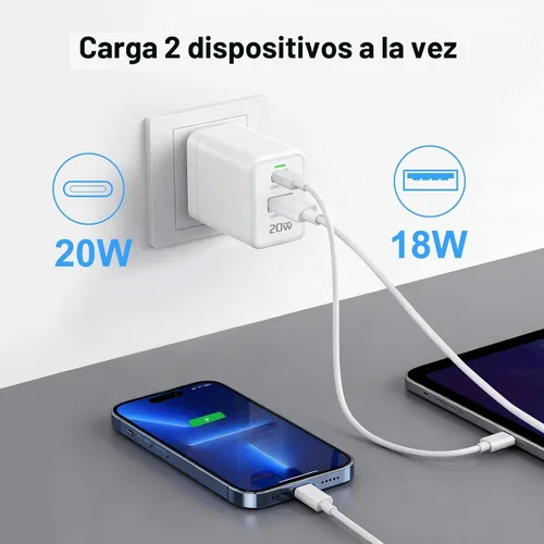 Vista 3 de Bloque de cargador USB C personalizado, 10-500 unidades, cargador compacto de 20 W de 2 puertos con enchufe plegable para iPhone serie 17/16, Galaxy