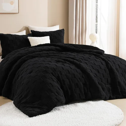 Vista 9 de Litanika - Juego de edredón esponjoso tamaño individual color beige, 3 piezas, ropa de cama de sherpa de felpa cálida para invierno, juego de cama