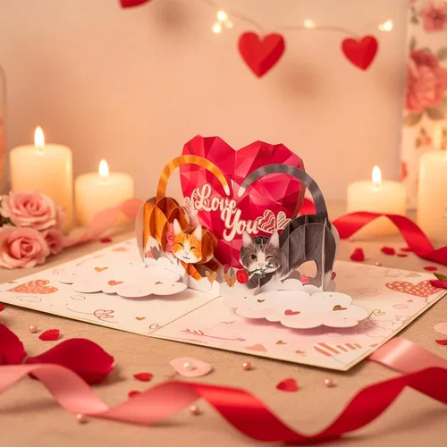 Vista 2 de Tarjeta romántica de San Valentín con diseño de gato, 3D, para pareja, gato, para esposa, marido, él, novia, novio, adultos 6 x 8 pulgadas