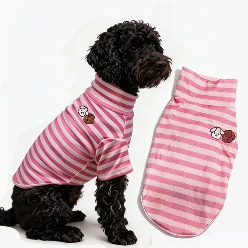 Vista 17 de Camisa de cuello alto para perro, lindo bordado de perrito, sudadera súper suave para perro, jersey elástico a rayas para cachorro, para gatos