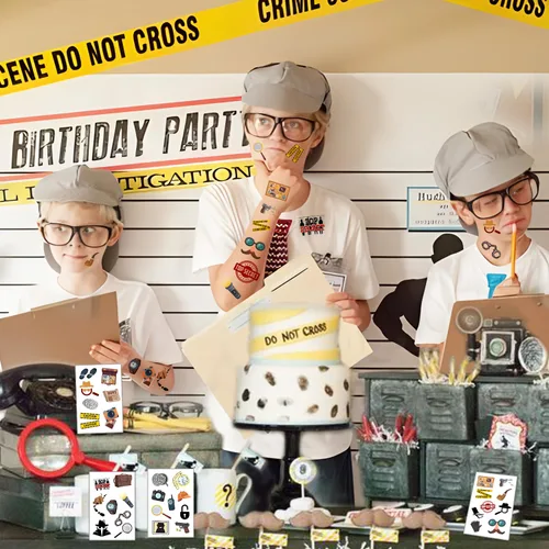 Vista 7 de 20 hojas de tatuajes temporales de detective espía de agente secreto, pistas de detective misterioso, recuerdos de fiesta, accesorios de decoración