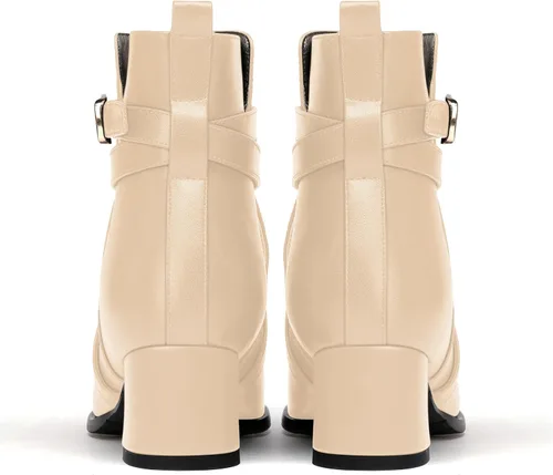 Vista 4 de WAYDERNS Botas altas de tobillo con hebilla casual para mujer, con correa de tobillo sólida mate, tacón bajo y grueso, 2 pulgadas