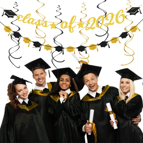 Vista 7 de Guirnalda de decoración de fiesta de graduación de oro negro – 36 piezas de pancarta de felicitaciones de graduación 2026, serpentinas colgantes