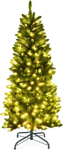 Vista 13 de Goplus Árbol de Navidad de Lápiz Preiluminado de 4.5 pies, Abeto con Bisagras de Alta Calidad, con Luces LED Blancas Cálidas y Soporte de Metal Verde