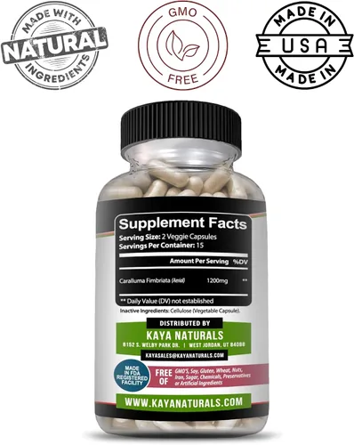 Vista 3 de Kaya Naturals - Suplemento Caralluma Fimbriata de 1200 mg de alta potencia Soporte de resistencia natural de máxima resistencia, cápsulas