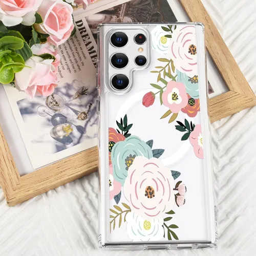 Vista 6 de Funda magnética para Samsung Galaxy S22 Ultra Flower, compatible con MagSafe, patrón floral transparente a prueba de golpes, parte trasera