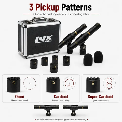 Vista 3 de LyxPro SDPC-2 Par Estéreo de Micrófonos de Condensador Tipo Lápiz/Vara para Instrumentos, Cápsulas Intercambiables Omni, Cardioide y Súper Cardioide