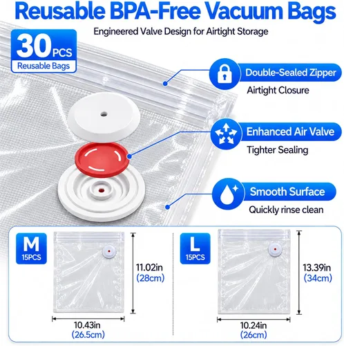 Vista 7 de Sellador al vacío UV para alimentos con 30 bolsas de vacío reutilizables -60kPa - Máquina selladora al vacío compacta de mano para ahorro