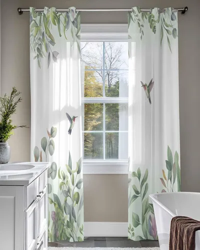 Vista 7 de Cortinas traslúcidas de eucalipto verde de 63 pulgadas de largo, juego de 2 paneles de cortinas para cocina, dormitorio, sala de estar, puerta