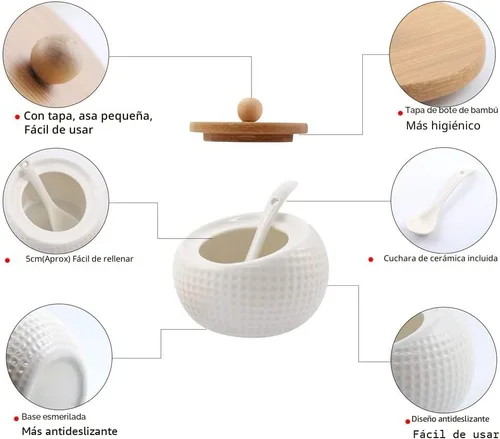 Vista 3 de Recipiente de especias de porcelana para condimentos con tapas, soporte de tapa de bambú, cuchara de servir de cerámica, bandeja de madera, la mejor