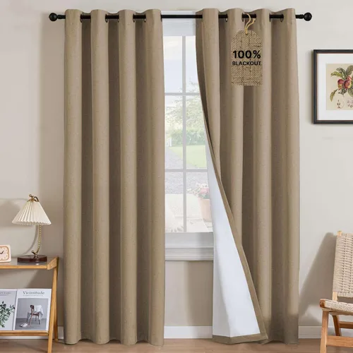 Vista 138 de H.VERSAILTEX Cortinas 100% opacas con aislamiento térmico, texturizadas, de lino, con bloqueo completo de calor y luz, para sala de estar y Negro