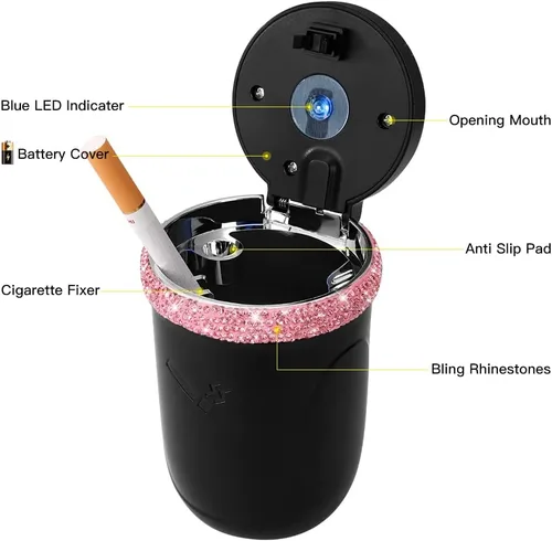Vista 7 de SAVORI Cenicero de automóvil para mujeres y hombres, portavasos, portátil, sin humo, con indicador de luz LED azul, accesorios para automóvil (rosa)