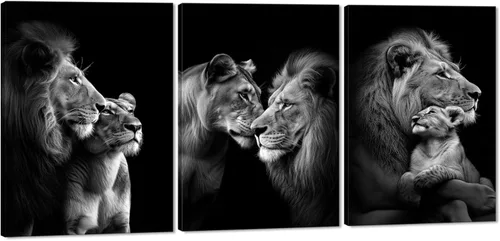 Vista 55 de 3 piezas modernas de lienzo de león de animales salvajes, pinturas de retratos de familia de leones, decoración de pared, obras de arte de sala