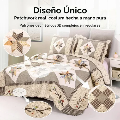 Vista 2 de YAYIDAY Colchas Tamaño Queen Juego de Colcha de Retazos – 100% algodón reversible, transpirable, marrón, geométrico, acolchado con fundas