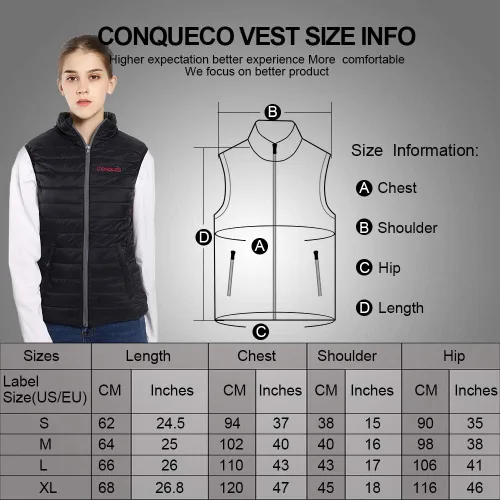 Vista 4 de CONQUECO Chaleco calefactable, chaleco térmico ligero para mujer con batería