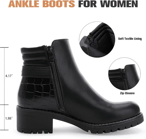 Vista 2 de ALLOT Botines de tacón grueso apilados para mujer, con hebilla y cremallera lateral, a la moda, con puntera cerrada