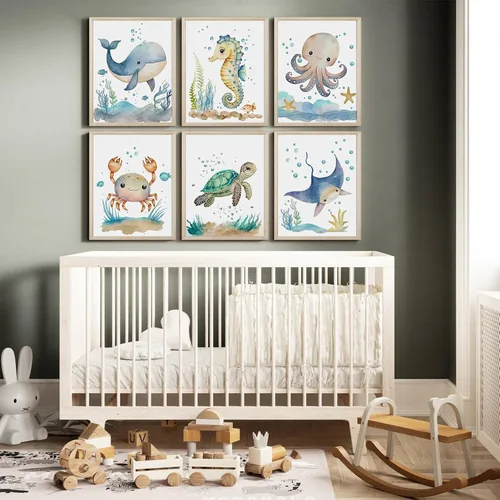 Vista 4 de Juego de 6 decoración de pared de animales marinos para guardería, lienzo de acuarela de océano, arte de pared para habitación de bebés y niños
