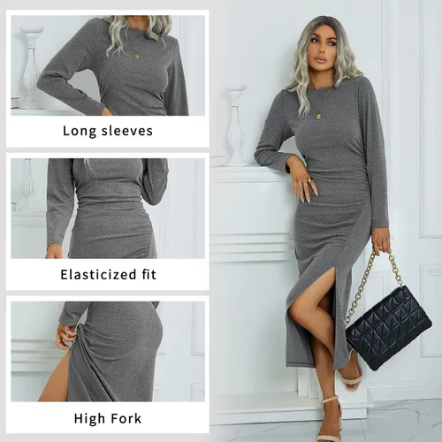 Vista 5 de TEMOFON Vestidos de manga larga para mujer vestido casual ajustado con cuello redondo, vestido midi fruncido con abertura S-XL