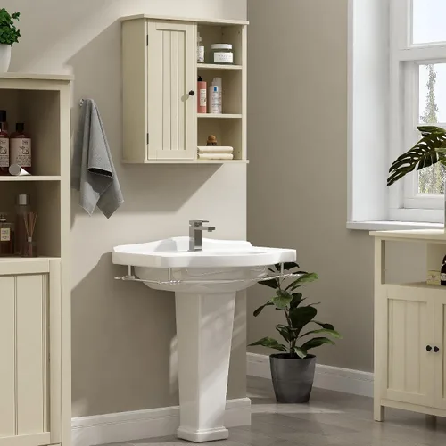 Vista 2 de Treocho Armario de pared de baño, botiquín con puerta y 3 estantes abiertos, organizador de almacenamiento montado en la pared para baño, cocina