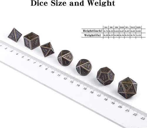 Vista 6 de DNDND - Dados de diseño antiguo, 7 dados de metal de latón con caja de metal para juegos de mesa como Dungeons and Dragons