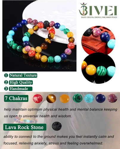 Vista 6 de Bivei Pulsera elástica de gemas naturales semipreciosas con cristales curativos de reiki, hecha a mano de 0.315 in