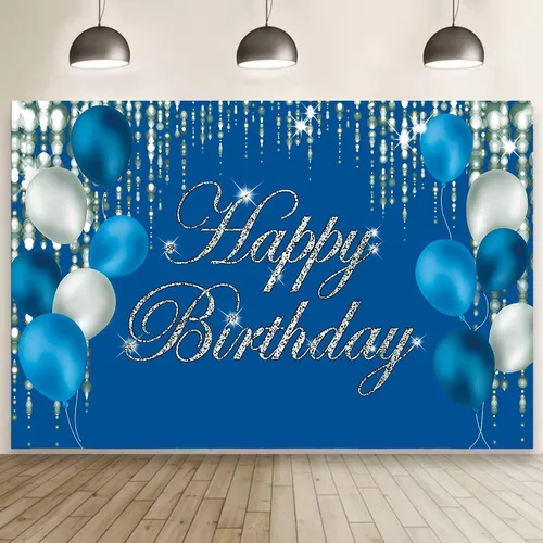 Vista 4 de Cartel de fondo de feliz cumpleaños azul marino y plateado para hombres, mujeres, fondo de fotografía de jubilación, suministros de decoración