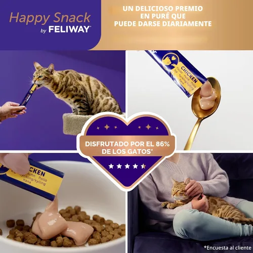 Vista 2 de Happy Snack de FELIWAY®, Golosinas lamibles y exprimibles en puréa para gatos para una rutina diaria de calma, hechas con pollo real, paquete de 12