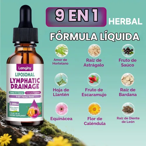 Vista 3 de Gotas de drenaje linfático liposomal, suplementos de drenaje linfático 9 en 1 para desintoxicación y limpieza, con equinácea, diente de león, saúco