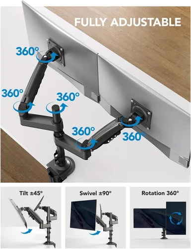 Vista 4 de HUANUO Soporte de monitor dual de 17 a 32 pulgadas, soporte vertical para monitor doble, soporte para monitor 2 monitores, inclinación
