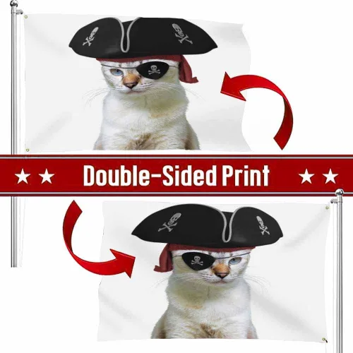 Vista 3 de Swono Bandera de pirata de gato – 3 x 5 pies divertida calavera de animal con los ojos vendados bandera triangular capitán gatito capitán
